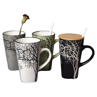 创意欧式水茶杯水杯陶瓷黑色带盖勺办公室500ml大号容量牛奶杯子