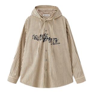 【明星同款】ORGANIC EMOTION 卡其条纹衬衫日系连帽长袖衬衫 OE