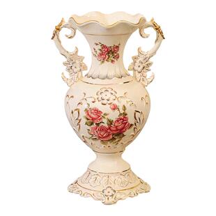 欧式大号花瓶插花陶瓷鎏金贴花玄关客厅摆件双耳花瓶高档奢华别墅