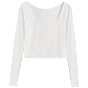 方领上衣女打底衫内搭短款春秋冬性感新款长袖港味高腰小心机T恤