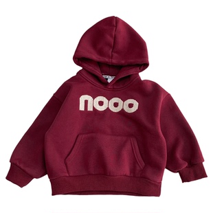男童一体绒连帽卫衣秋冬装宽松休闲帽衫儿童洋气字母绣花红色上衣