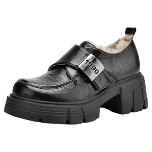 达芙妮厚底乐福鞋女2026新款冬季英伦风黑色加绒皮鞋女款通勤单鞋