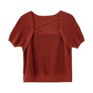 ENJOYME商场同款纯色方领短袖针织t恤女夏季气质显瘦上衣X-A1681