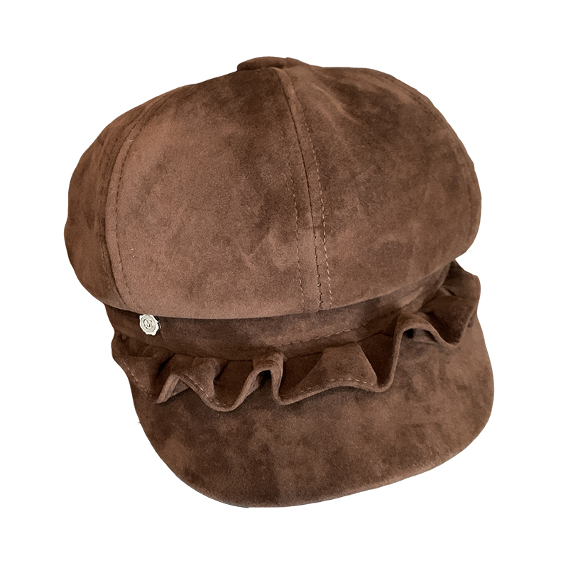 麂皮绒褶皱边贝雷帽女秋冬季美拉德复古八角帽大头围报童画家帽子