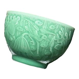 刻花一路连胜碗梅子青粥碗面碗11cm大号饭碗青瓷龙泉青瓷原矿高温