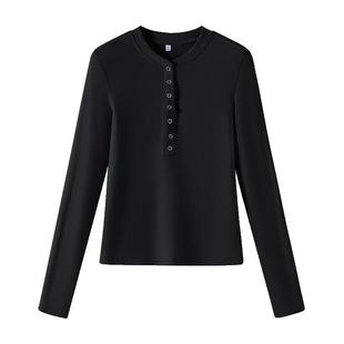 NOW真维斯黑色长袖女t恤2026新款秋修身短款内搭打底衫青少年上衣