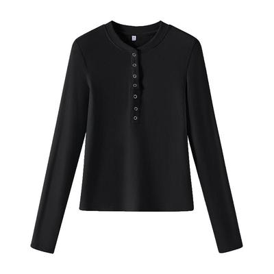 NOW真维斯黑色长袖女t恤2025新款秋修身短款内搭打底衫青少年上衣