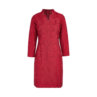 马天奴红色V领提花收腰连衣裙