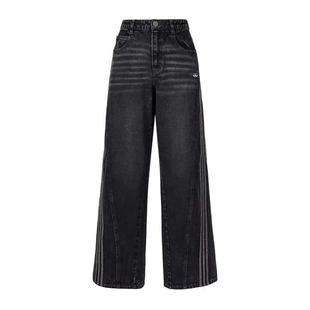 宋雨琦同款复古直筒牛仔裤子水洗三条杠牛仔裤女直筒阔腿裤美式风