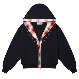 HACR造型感格纹拼卫衣 双层连帽假两件国潮牌宽松外套男女