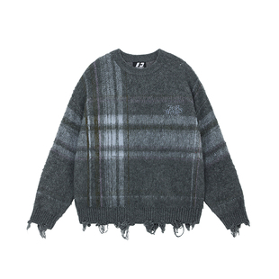 FORNINES马海毛撞色格纹破洞毛衣男春秋款毛边套头宽松内搭打底衫