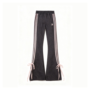 自然涩美式条纹蝴蝶结绑带加绒可选休闲裤高腰小个子运动微喇叭裤