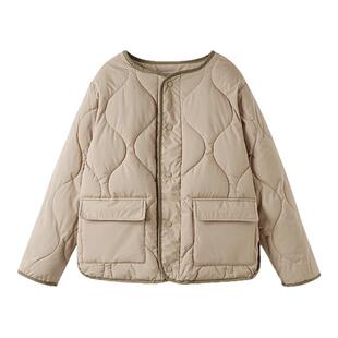 咖色小香风拼接无领菱格羽绒棉服女冬季超好看短款圆领棉衣外套女