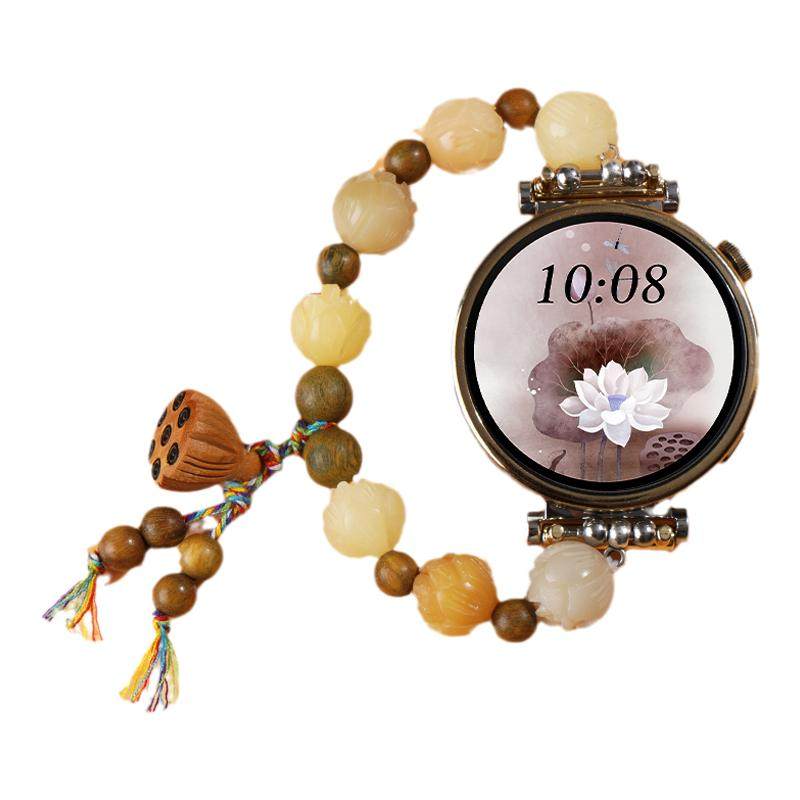 适用华为GT4手表GT5/Pro国风绿檀莲花步步生莲手串GT3表带gt2pro运动watchgt4女生41mm夏天新中式表链秋冬