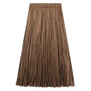 白鹿语老钱风纯色褶皱半身裙25秋冬新款高腰显瘦气质a字裙长裙