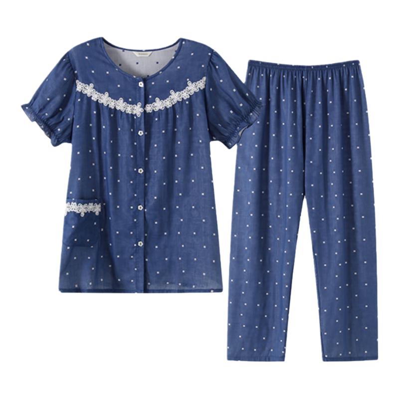 短袖长裤家居服套装女纯棉罗丝美