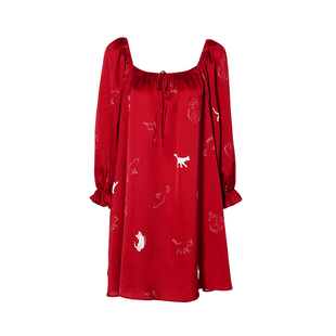 DPLAYSWEET红色猫咪印花可爱甜美短款睡裙慵懒宽松本命年睡衣春季