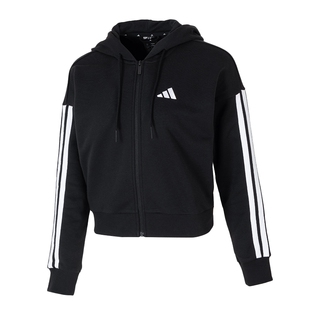 阿迪达斯针织套装女秋季新款三条纹两件套运动连帽夹克复古直筒裤