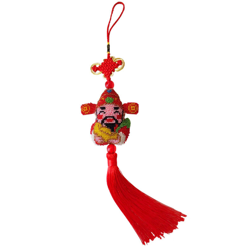 手工串珠汽车挂件财神十字绣成品