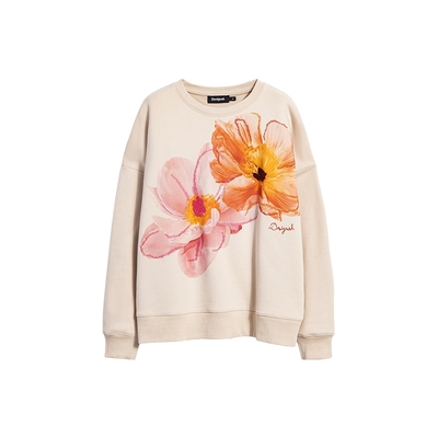 Desigual25秋冬新品宽松花卉印花局部刺绣圆领长袖女式卫衣