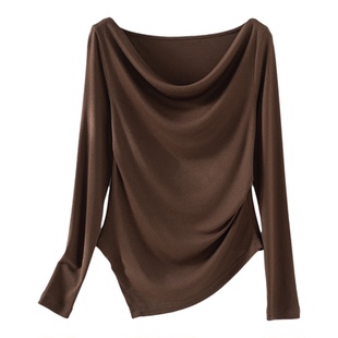 设计小众不规则长袖T恤女春秋新款荡领打底衫修身一字肩露肩上衣