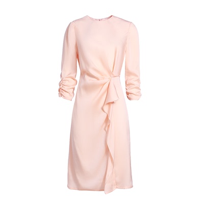 新款七分袖不对称褶皱真丝连衣裙