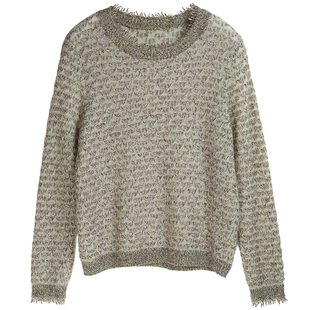 斐雪 色彩暧昧的艺术品 缎染彩纱纯山羊绒圆领流苏针织衫杂色毛衣