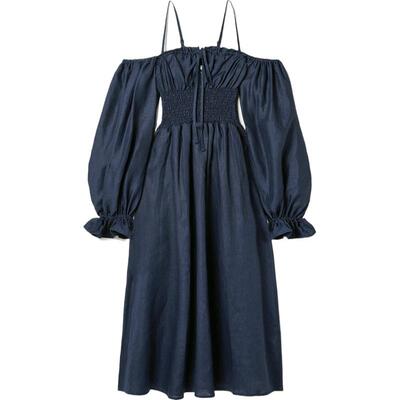 SLEEPER春夏女士挖肩平行绉缝亚麻中长连衣裙