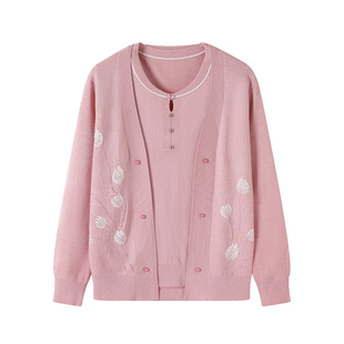 洋气妈妈春装外套薄款针织开衫中老年女春夏新款T恤上衣两件套装