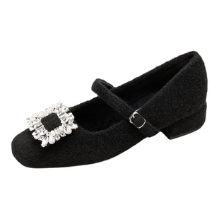 法式水钻方头玛丽珍鞋女秋冬加绒粗跟一字带单鞋子毛绒保暖毛毛鞋