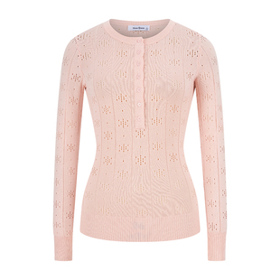 MosesQueen魔西女王粉色缕空针织衫女内搭修身显瘦半开领长袖上衣