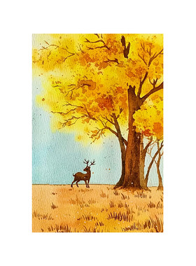 少儿美术水彩风景彩色线描画儿童临摹卡画马克笔装饰画临摹卡片