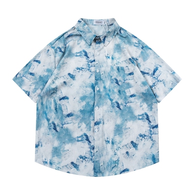 TRAVEL ISLAND 青出于蓝 国潮复古时尚小众扎染渐变色短袖花衬衫