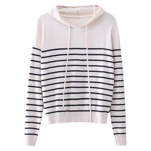 春季条纹短款女士毛衣带帽长袖针织衫套头连帽卫衣高腰小个子上衣