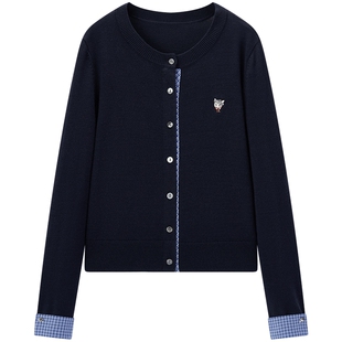 爱居兔含绵羊毛miu系针织开衫女2025年秋季新款格纹假两件短外套