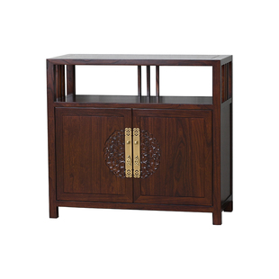 新中式茶水柜老榆木餐边柜原木雕花玄关柜全实木门厅柜双门柜整装