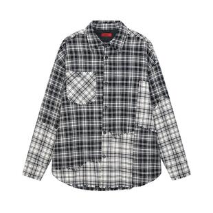 明星同款 INXX美式宽松保暖不对称格纹拼接刺绣夹棉外套男女同款