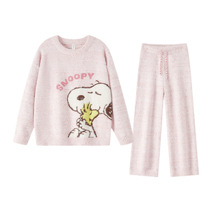 史努比半边绒睡衣女秋冬季圆领可爱冬装家居服冬款珊瑚绒加绒加厚