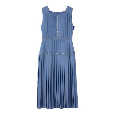 朗姿法式纯色方口领淡人百褶裙通勤风设计感压褶连衣裙2025年夏