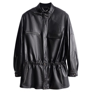 复古港式真皮外套中长款收腰垫肩小立领植鞣羊皮显瘦皮风衣女2025