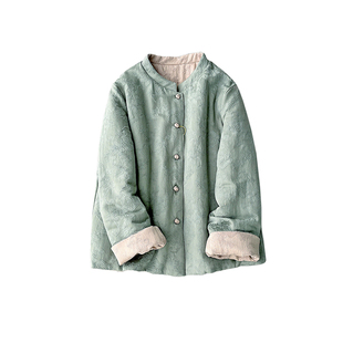 中国风外套棉麻提花温暖棉服女士立领盘扣双面穿棉衣新中式风棉袄