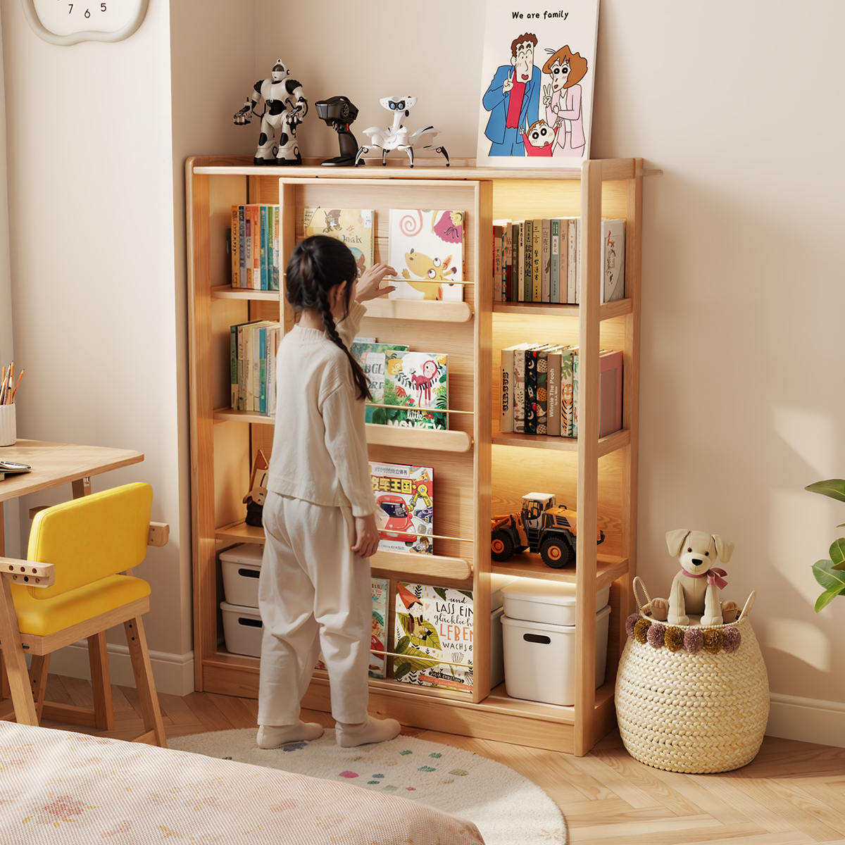 木屋记实木书架落地置物架书柜储物一体靠墙儿童多层绘本架推拉门