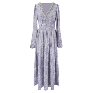 【漱玉】SYT自制 法式优雅气质泡泡袖丝绒刺绣V领水钻A字连衣裙女