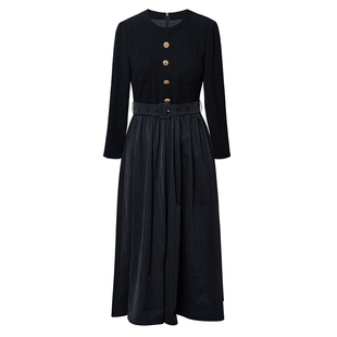 罗衣时尚拼接针织系带连衣裙女春季新款高级通勤黑色大摆裙11640