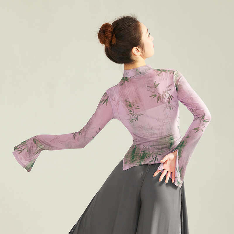 中国风新中式古典舞水墨画网纱旗袍喇叭袖舞蹈练功形体服现代舞