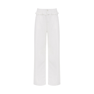 陈都灵同款 Kroche 纯白夏日 木耳花边全棉高腰阔腿直筒牛仔裤