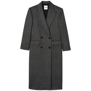 SANDRO Outlets秋冬女装法式复古灰色双排扣戗驳领毛呢大衣外套