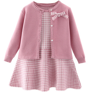 小童网红套装女孩俏皮短裙上衣针织两件套宝宝红色喜庆生日衣服潮