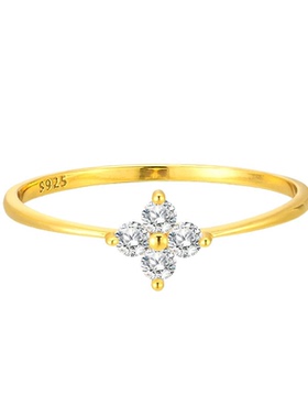 s925纯银四叶草锆石细戒指小众设计镀18k金时尚微镶百搭精致指环