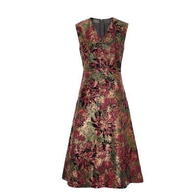 马天奴红色印花无袖皮革连衣裙